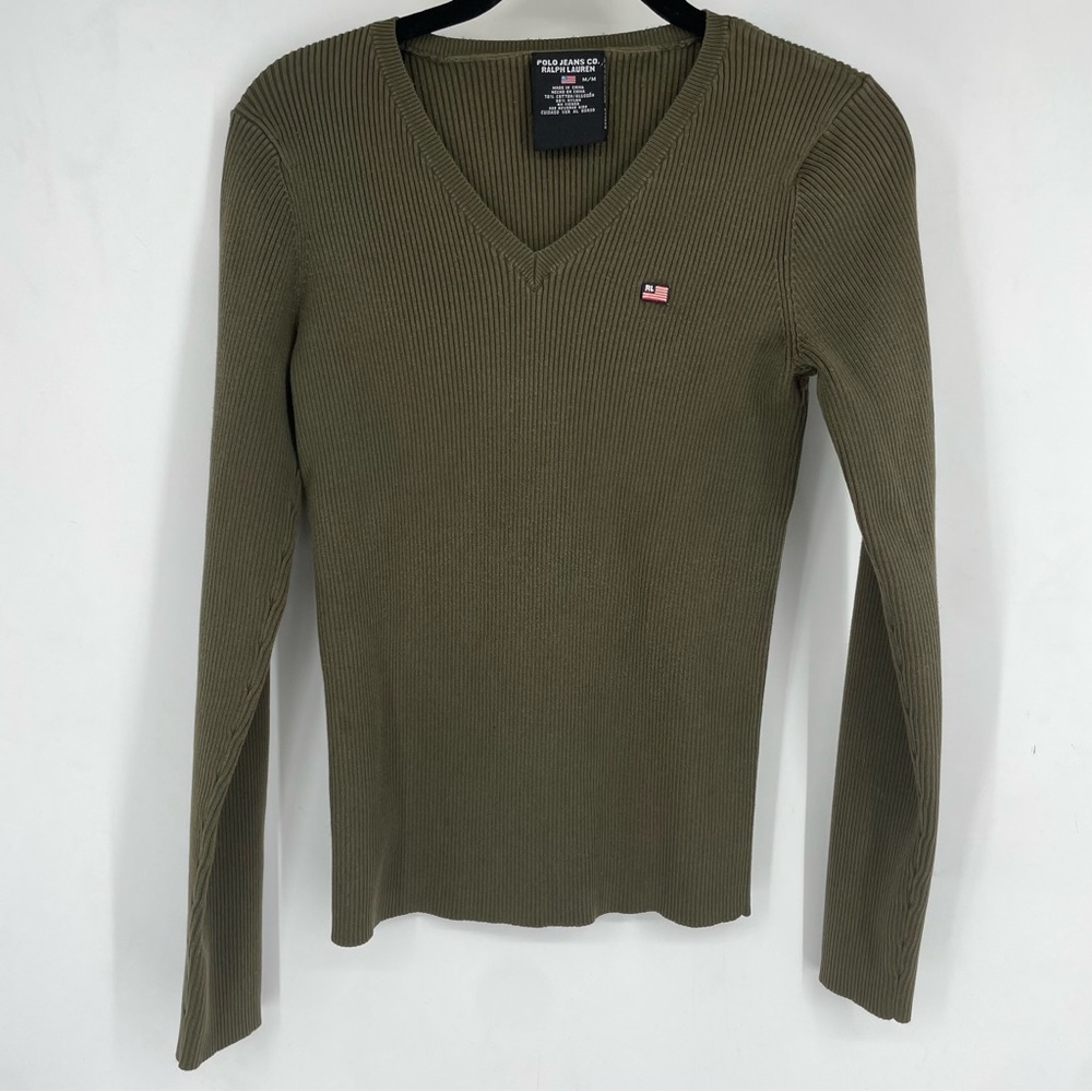Vintage Y2K Polo Jeans Ralph Lauren Womens Medium Green Ribbed Long Sleeve Top M